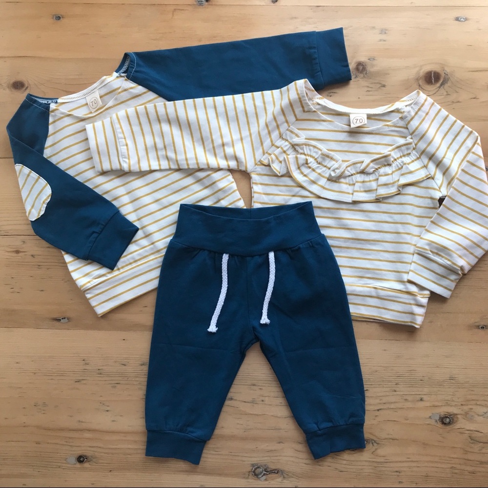 NWOT Three Piece 6 month Baby Tops and Bottom Set Teal, Cream, and Gold